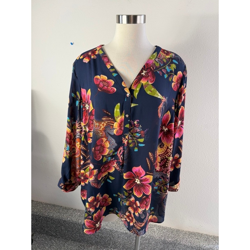 JM Collection Womens Plus 2X Navy Floral Paisley V Neck Roll Tab Sleeve Blouse